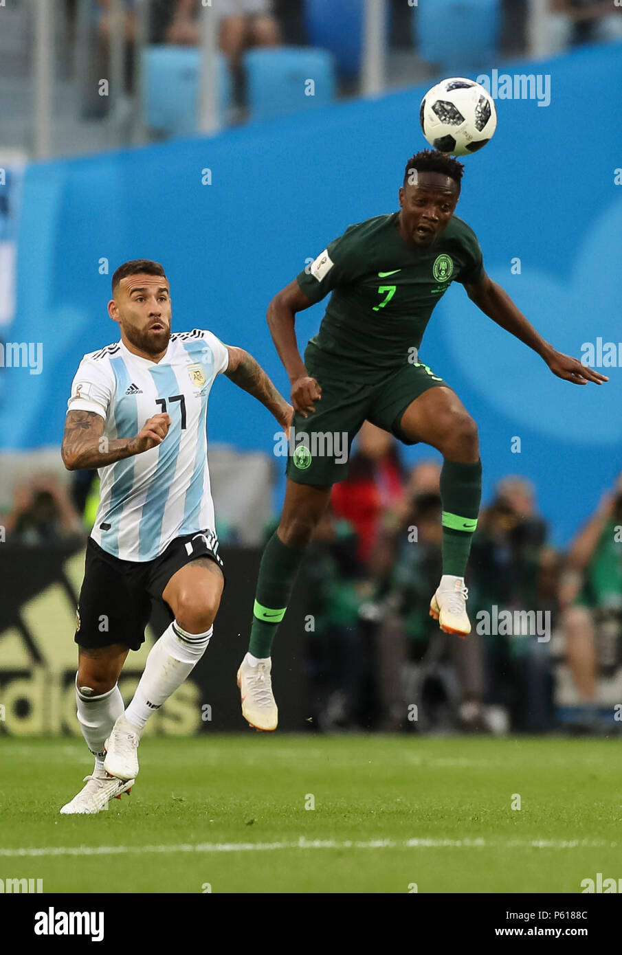 St Petersburg, Russia. 26th Jun, 2018. Nicolas Otamendi of Argentina and Ahmed Musa of Nigeria during the 2018 FIFA World Cup Group D match between Nigeria and Argentina at Saint Petersburg Stadium on June 26th 2018 in Saint Petersburg, Russia. (Photo by Daniel Chesterton/phcimages.com) Credit: PHC Images/Alamy Live News Stock Photo