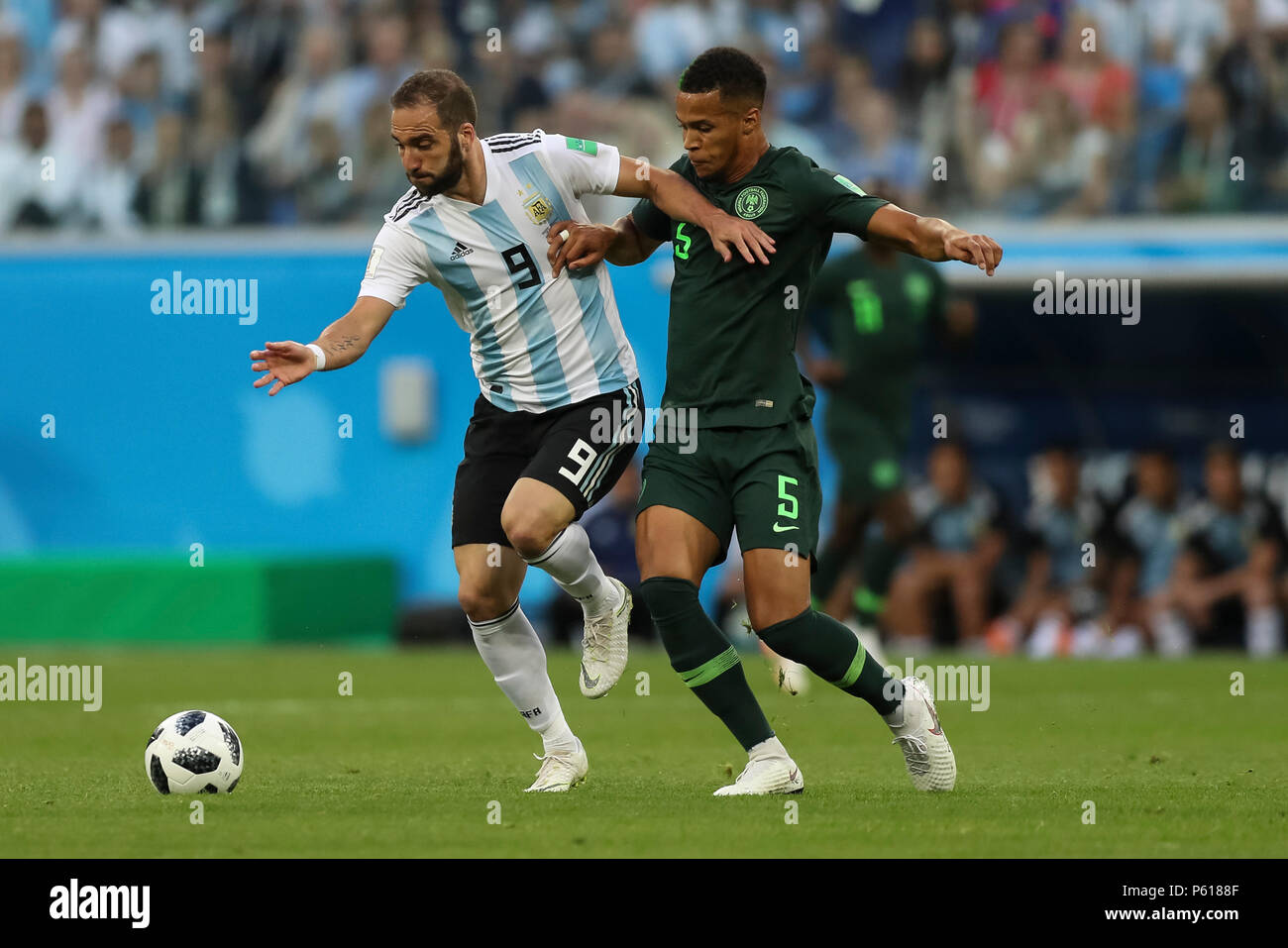 St Petersburg, Russia. 26th Jun, 2018. Gonzalo Higuain of Argentina and William Troost-Ekong of Nigeria during the 2018 FIFA World Cup Group D match between Nigeria and Argentina at Saint Petersburg Stadium on June 26th 2018 in Saint Petersburg, Russia. (Photo by Daniel Chesterton/phcimages.com) Credit: PHC Images/Alamy Live News Stock Photo