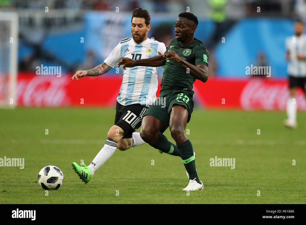 St Petersburg, Russia. 26th Jun, 2018. Lionel Messi of Argentina and Kenneth Omeruo of Nigeria during the 2018 FIFA World Cup Group D match between Nigeria and Argentina at Saint Petersburg Stadium on June 26th 2018 in Saint Petersburg, Russia. (Photo by Daniel Chesterton/phcimages.com) Credit: PHC Images/Alamy Live News Stock Photo