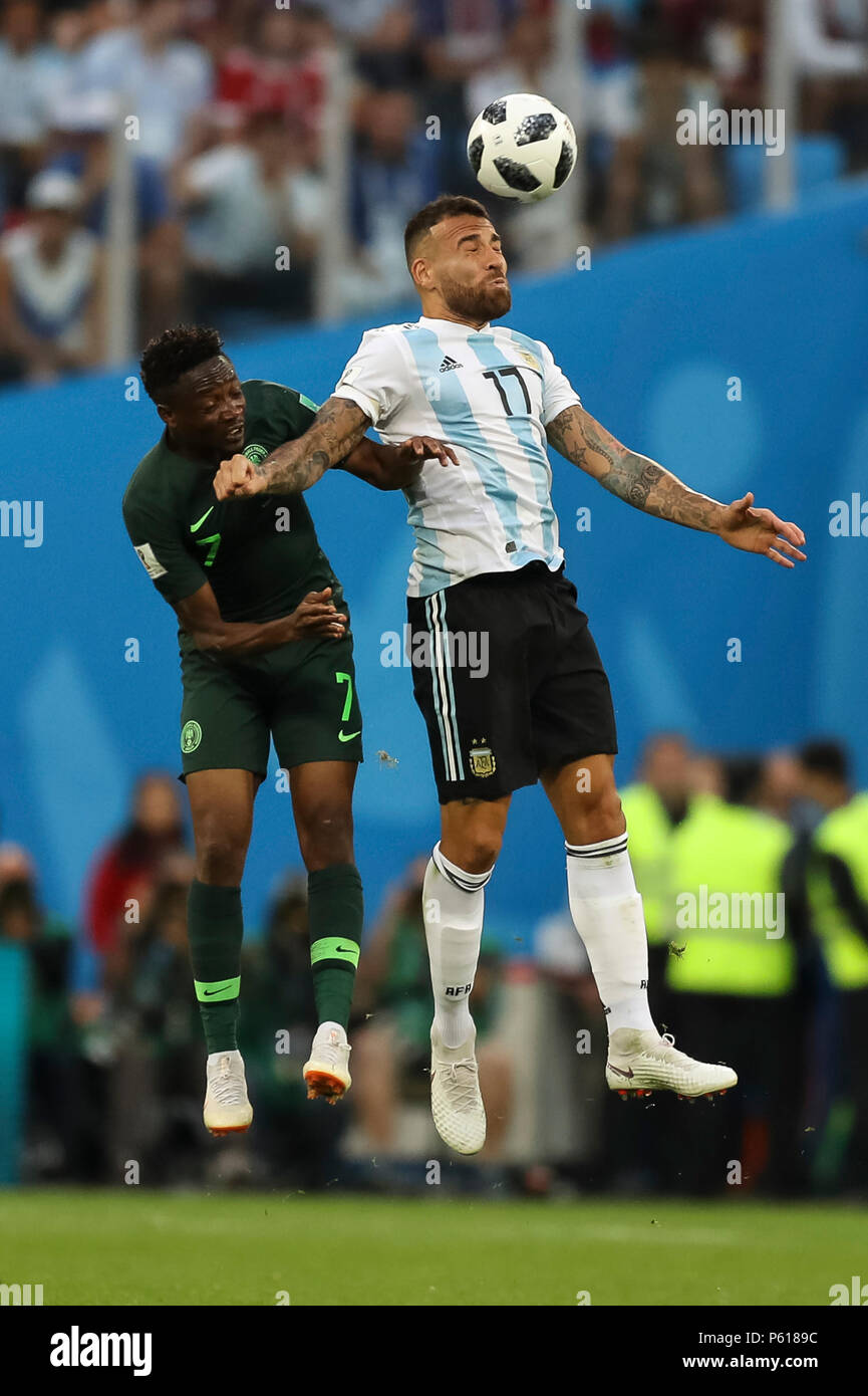 St Petersburg, Russia. 26th Jun, 2018. Ahmed Musa of Nigeria and Nicolas Otamendi of Argentina during the 2018 FIFA World Cup Group D match between Nigeria and Argentina at Saint Petersburg Stadium on June 26th 2018 in Saint Petersburg, Russia. (Photo by Daniel Chesterton/phcimages.com) Credit: PHC Images/Alamy Live News Stock Photo