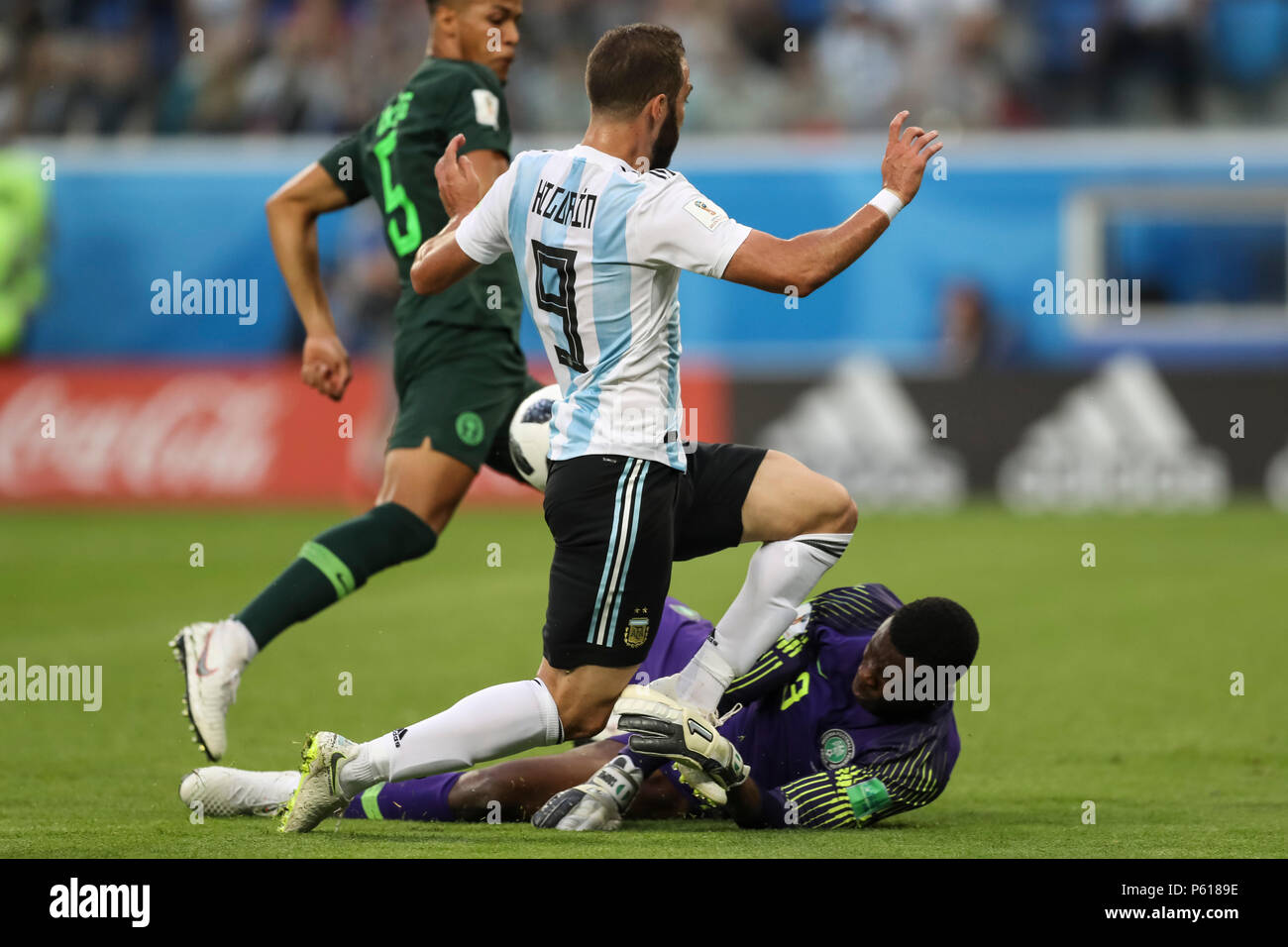 St Petersburg, Russia. 26th Jun, 2018. Francis Uzoho of Nigeria saves from Gonzalo Higuain of Argentina during the 2018 FIFA World Cup Group D match between Nigeria and Argentina at Saint Petersburg Stadium on June 26th 2018 in Saint Petersburg, Russia. (Photo by Daniel Chesterton/phcimages.com) Credit: PHC Images/Alamy Live News Stock Photo