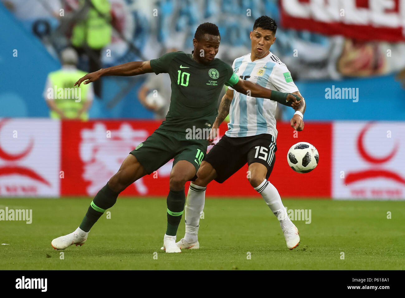 St Petersburg, Russia. 26th Jun, 2018. Mikel John Obi of Nigeria and Enzo Perez of Argentina during the 2018 FIFA World Cup Group D match between Nigeria and Argentina at Saint Petersburg Stadium on June 26th 2018 in Saint Petersburg, Russia. (Photo by Daniel Chesterton/phcimages.com) Credit: PHC Images/Alamy Live News Stock Photo