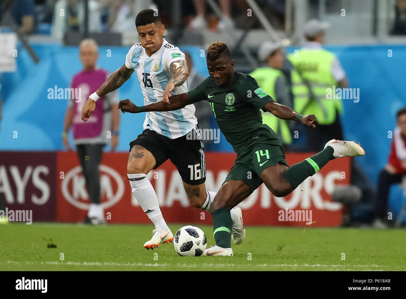 St Petersburg, Russia. 26th Jun, 2018. Marcos Rojo of Argentina and Kelechi Iheanacho of Nigeria during the 2018 FIFA World Cup Group D match between Nigeria and Argentina at Saint Petersburg Stadium on June 26th 2018 in Saint Petersburg, Russia. (Photo by Daniel Chesterton/phcimages.com) Credit: PHC Images/Alamy Live News Stock Photo