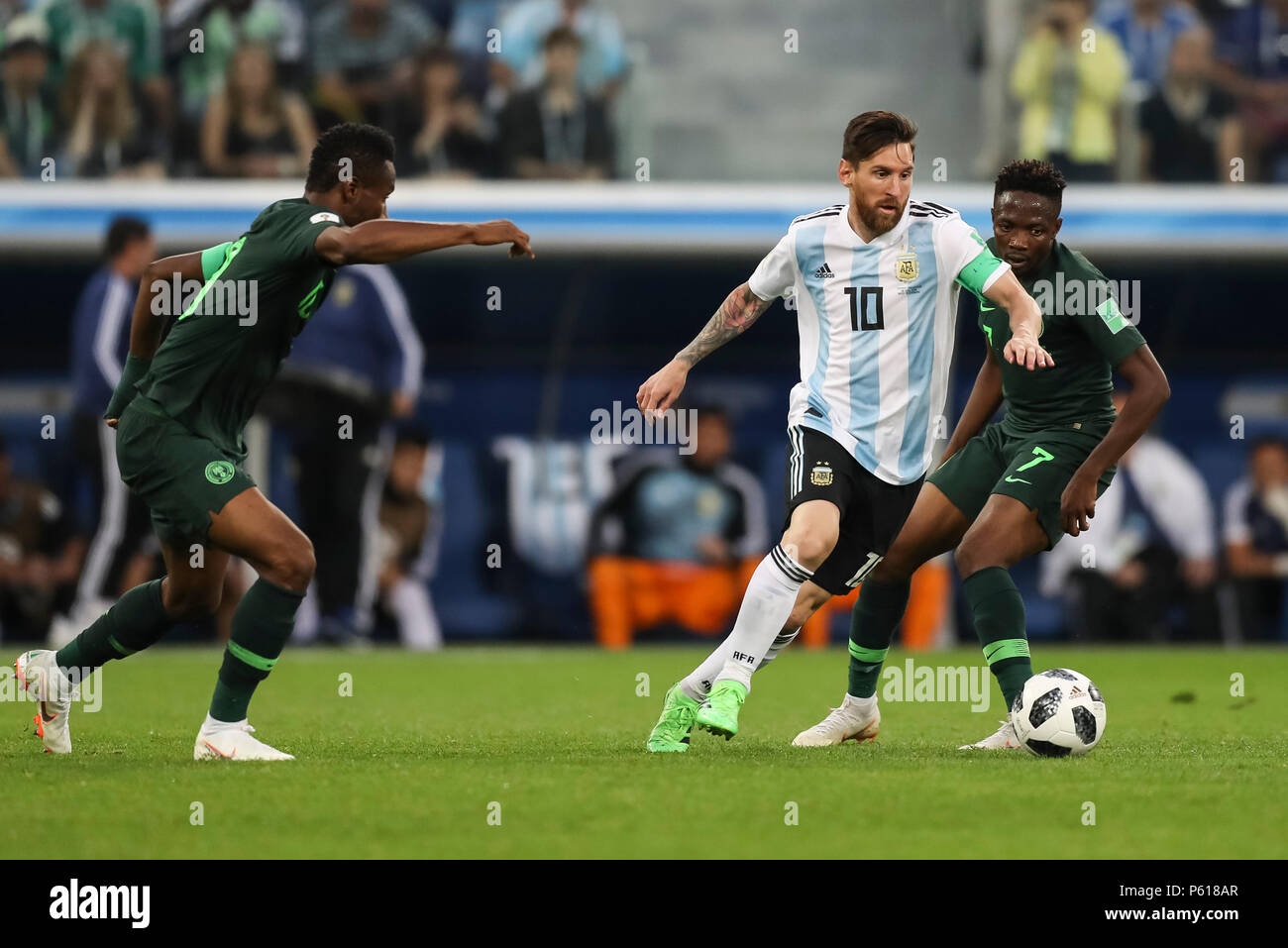 St Petersburg, Russia. 26th Jun, 2018. Lionel Messi of Argentina and Ahmed Musa of Nigeria during the 2018 FIFA World Cup Group D match between Nigeria and Argentina at Saint Petersburg Stadium on June 26th 2018 in Saint Petersburg, Russia. (Photo by Daniel Chesterton/phcimages.com) Credit: PHC Images/Alamy Live News Stock Photo