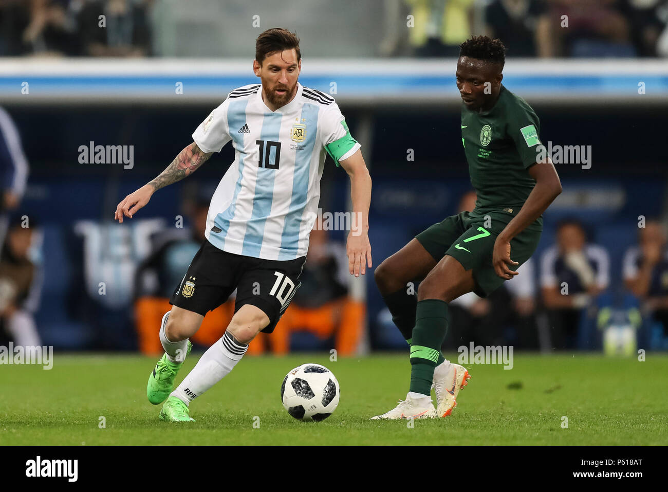 St Petersburg, Russia. 26th Jun, 2018. Lionel Messi of Argentina and Ahmed Musa of Nigeria during the 2018 FIFA World Cup Group D match between Nigeria and Argentina at Saint Petersburg Stadium on June 26th 2018 in Saint Petersburg, Russia. (Photo by Daniel Chesterton/phcimages.com) Credit: PHC Images/Alamy Live News Stock Photo