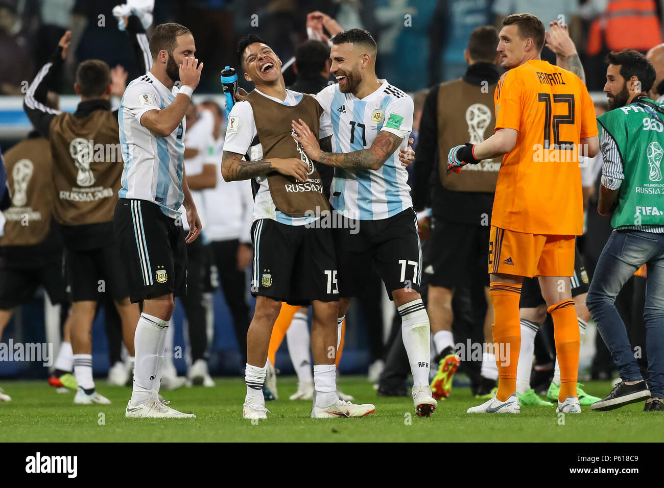 St Petersburg, Russia. 26th Jun, 2018. Enzo Perez of Argentina and Nicolas Otamendi of Argentina celebrate after the 2018 FIFA World Cup Group D match between Nigeria and Argentina at Saint Petersburg Stadium on June 26th 2018 in Saint Petersburg, Russia. (Photo by Daniel Chesterton/phcimages.com) Credit: PHC Images/Alamy Live News Stock Photo