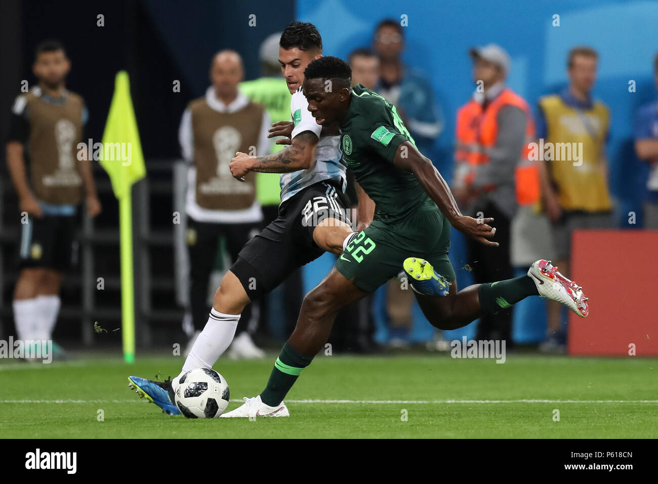 St Petersburg, Russia. 26th Jun, 2018. Cristian Pavon of Argentina and Kenneth Omeruo of Nigeria during the 2018 FIFA World Cup Group D match between Nigeria and Argentina at Saint Petersburg Stadium on June 26th 2018 in Saint Petersburg, Russia. (Photo by Daniel Chesterton/phcimages.com) Credit: PHC Images/Alamy Live News Stock Photo