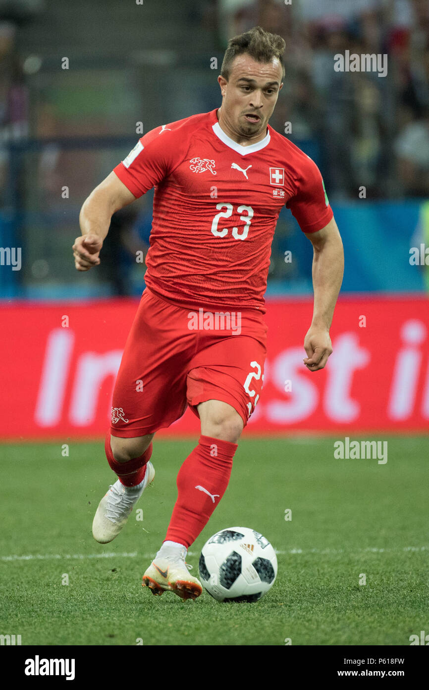 Xherdan SHAQIRI (SUI) with Ball, Single Action with Ball, Action, Full Figure, Portrait, Switzerland (SUI) - Costa Rica (CRC) 2: 2, Preliminary Round, Group E, Match 43, on 27.06.2018 in Nizhny Novgorod; Football World Cup 2018 in Russia from 14.06. - 15.07.2018. | usage worldwide Stock Photo