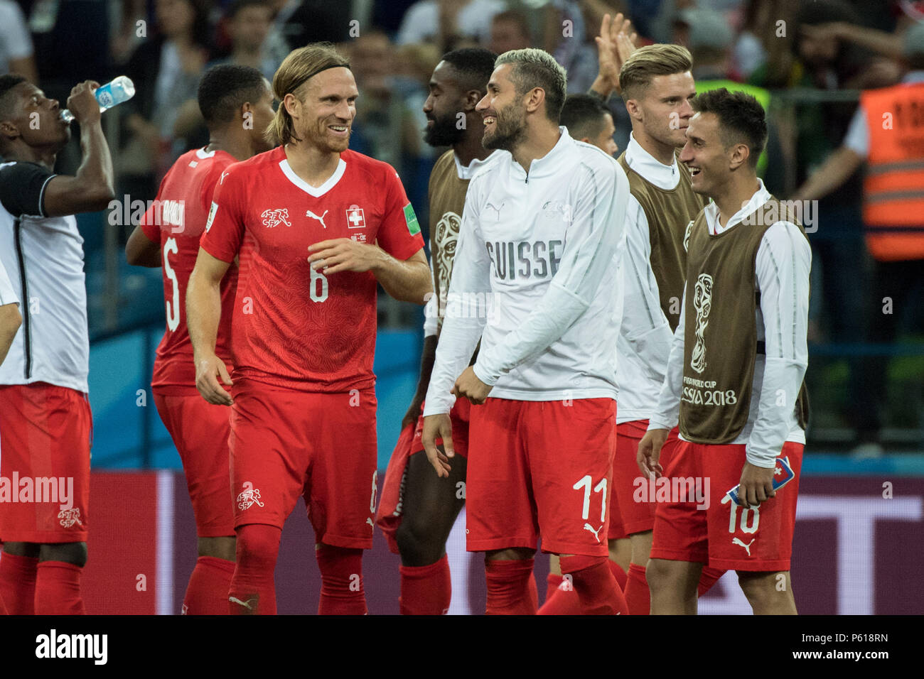 Michael LANG (left, SUI) and Valon BEHRAMI (SUI) are happy about the last sixteen, jubilation, cheering, cheering, joy, cheers, celebrate, final jubilation, half figure, half figure, Switzerland (SUI) - Costa Rica ( CRC) 2: 2, preliminary round, group E, game 43, on 27.06.2018 in Nizhny Novgorod; Football World Cup 2018 in Russia from 14.06. - 15.07.2018. | usage worldwide Stock Photo