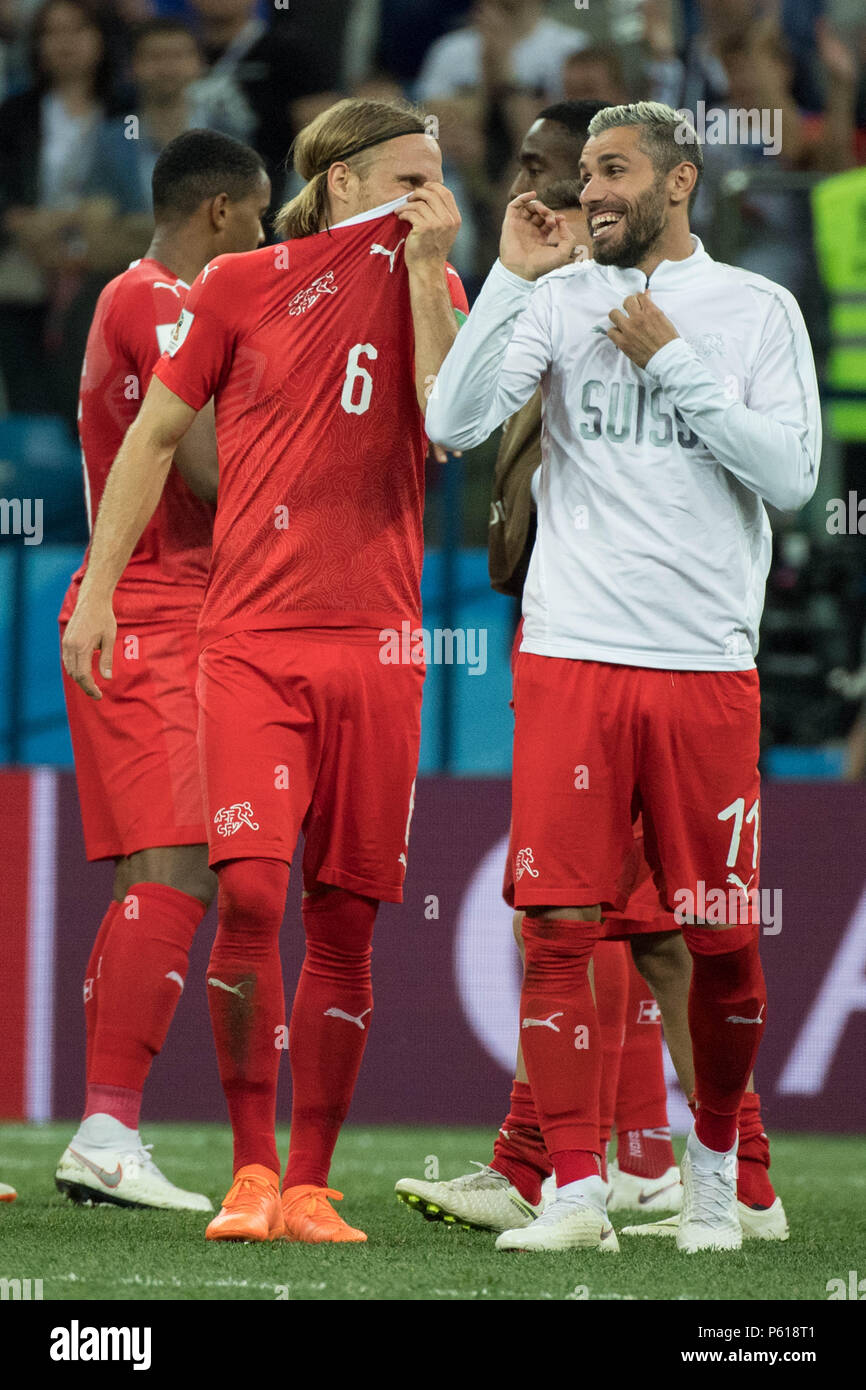 Michael LANG (left, SUI) and Valon BEHRAMI (SUI) are looking forward to the quarter-finals, jubilation, cheering, cheering, joy, cheers, celebrate, final jubilation, full figure, portrait format, Switzerland (SUI) - Costa Rica (Costa Rica) CRC) 2: 2, preliminary round, group E, game 43, on 27.06.2018 in Nizhny Novgorod; Football World Cup 2018 in Russia from 14.06. - 15.07.2018. | usage worldwide Stock Photo