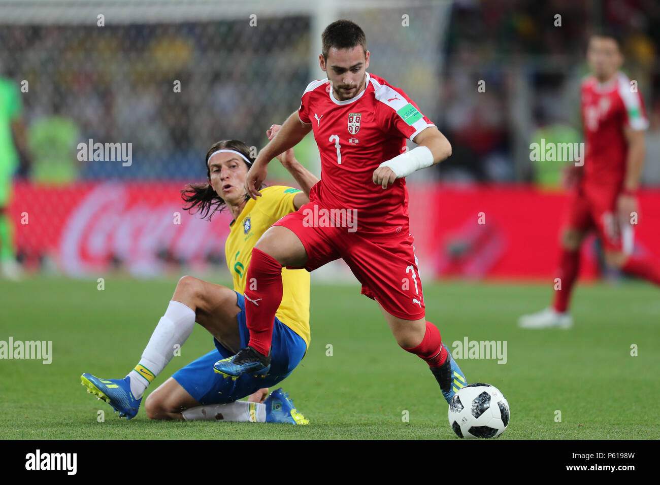 Filipe Luis & Andrija Zivkovic  SERBIA V BRAZIL  SERBIA V BRAZIL , 2018 FIFA WORLD CUP RUSSIA  27 June 2018  GBC8995  2018 FIFA World Cup Russia Spartak Stadium Moscow    STRICTLY EDITORIAL USE ONLY.   If The Player/Players Depicted In This Image Is/Are Playing For An English Club Or The England National Team.   Then This Image May Only Be Used For Editorial Purposes. No Commercial Use.    The Following Usages Are Also Restricted EVEN IF IN AN EDITORIAL CONTEXT:   Use in conjuction with, or part of, any unauthorized audio, video, data, fixture lists, club/league logos, Betting, Games or any 'l Stock Photo