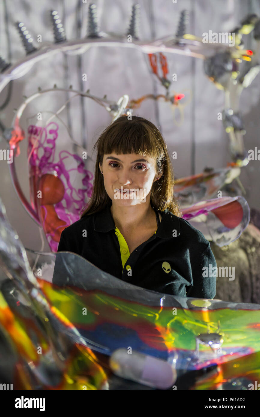 London, UK. 28th June, 2018. Katja Novitskova (pictured): Invasion Curves - Installation artist Katja Novitskova (b. 1984, Tallinn) presents an immersive environment at the Whitechapel Gallery, offering an unsettling vision of the future. Her work focuses on issues of technology, evolutionary processes and ecological realities. Credit: Guy Bell/Alamy Live News Stock Photo