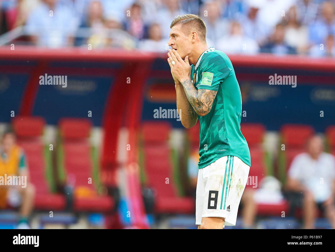 Kazan, Russia. 27th Jun, 2018. Germany - South Korea, Soccer, Kazan, June 27, 2018 Toni KROOS, DFB 8 sad, disappointed, angry, Emotions, disappointment, frustration, frustrated, sadness, desperate, despair,  GERMANY - KOREA REPUBLIC 0-2 FIFA WORLD CUP 2018 RUSSIA, Group F, Season 2018/2019,  June 27, 2018  Stadium K a z a n - A r e n a in Kazan, Russia. © Peter Schatz / Alamy Live News Stock Photo