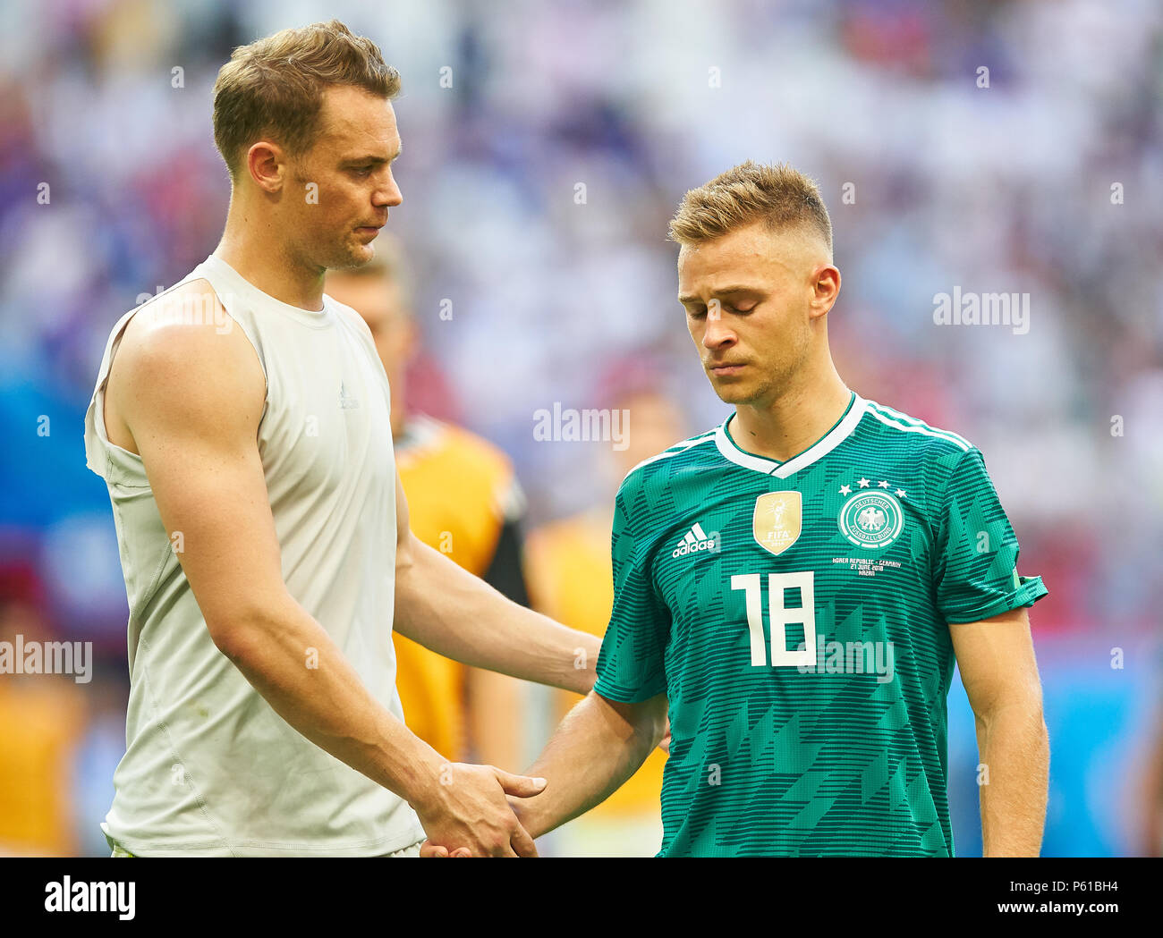 Kazan, Russia. 27th Jun, 2018. Germany - South Korea, Soccer, Kazan, June 27, 2018 Manuel NEUER, DFB 1 goalkeeper, Joshua KIMMICH, DFB 18  whine, weep, cry, tears,  sad, disappointed, angry, Emotions, disappointment, frustration, frustrated, sadness, desperate, despair,  GERMANY - KOREA REPUBLIC 0-2 FIFA WORLD CUP 2018 RUSSIA, Group F, Season 2018/2019,  June 27, 2018  Stadium K a z a n - A r e n a in Kazan, Russia. © Peter Schatz / Alamy Live News Stock Photo