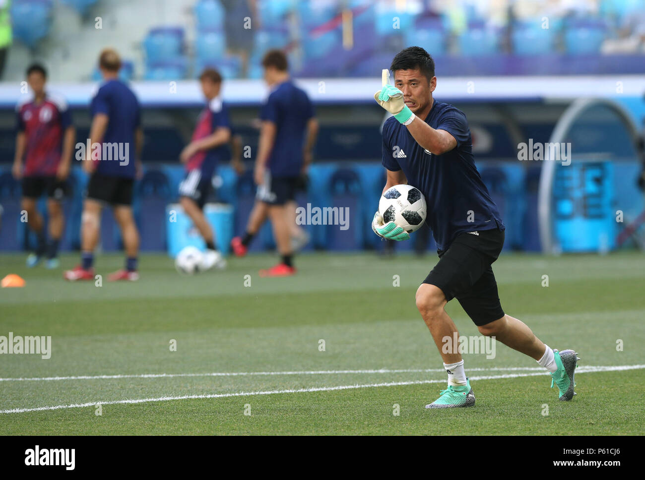 Volgograd, Russia. 28th June, 2018. Japan's goalkeeper Eiji Kawashima warms up prior to the 2018 FIFA World Cup Group H match between Japan and Poland in Volgograd, Russia, June 28, 2018. Credit: Wu Zhuang/Xinhua/Alamy Live News Stock Photo