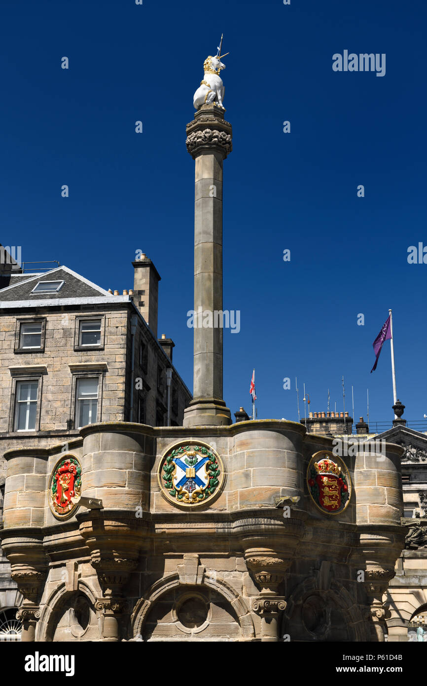 Mercat Cross with Royal Unicorn in Old Town of Edinburgh in Parliament Square on Royal Mile Scotland United Kingdom Stock Photo