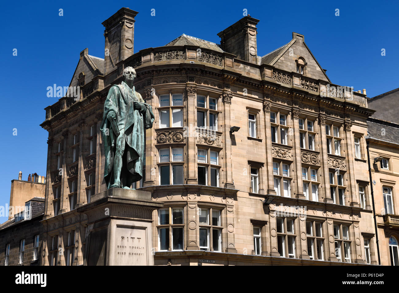 Bronze statue of William Pitt the Younger a British Prime Minister on George and Frederick streets Edinburgh Scotland with historic buildings Stock Photo