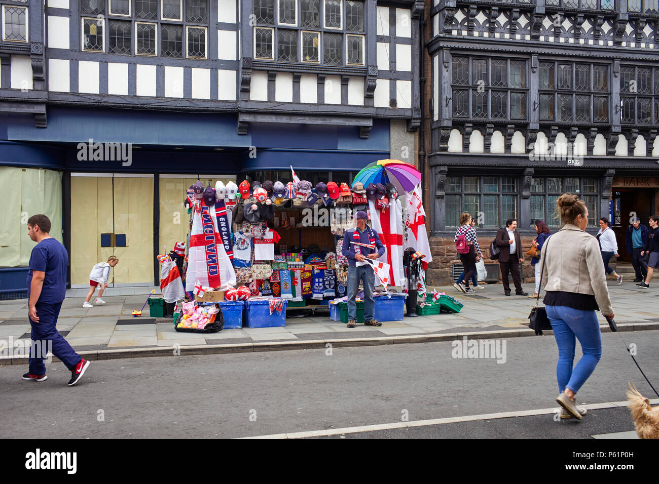 Stall selling football regalia in the centre of Chester Stock Photo