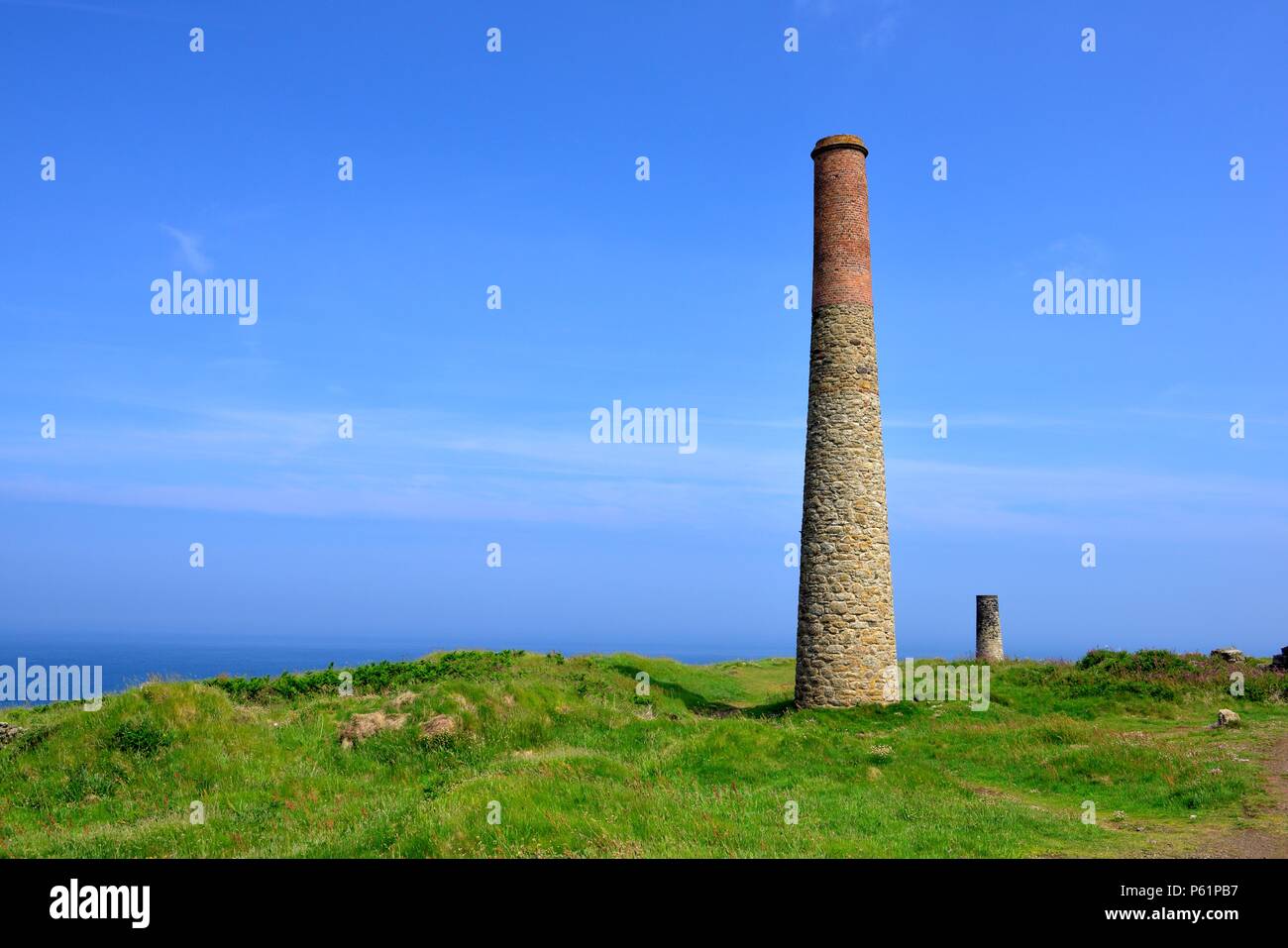 Cornish Tin Mine Chimneys,Levant mine,Cornwall,Pendeen, Trewellard, Penzance Stock Photo