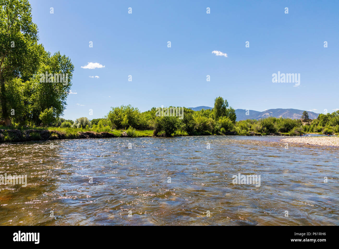 River view of the Arkansas RIver; which runs through the downtown historic district of the small mountain town of Salida; Colorado; USA Stock Photo