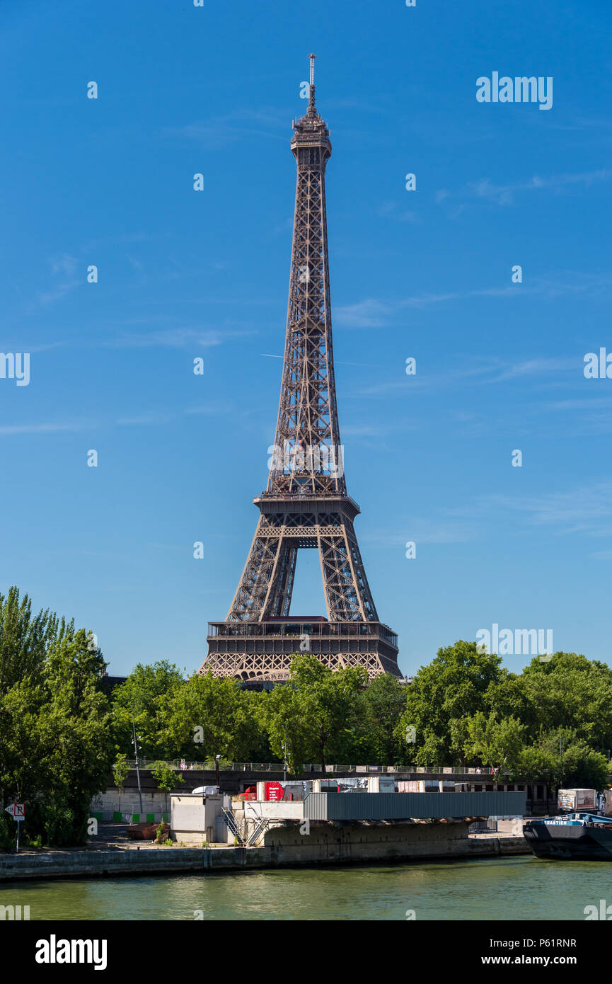 Paris, France - 23 June 2018: View of the Seine river with the Eiffel Tower in the background Stock Photo