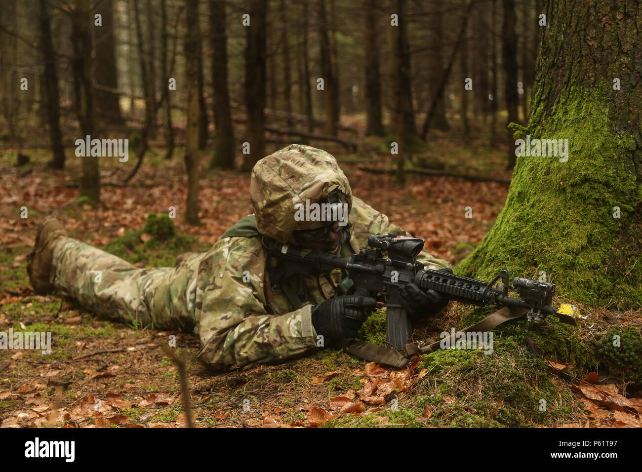 A U.S. Soldier of 1st Squadron, 91st Cavalry Regiment, 173rd Airborne Brigade provides security as part of a react to contact scenario during exercise Saber Junction 16 at the U.S. Army’s Joint Multinational Readiness Center (JMRC) in Hohenfels, Germany, April 15, 2016. Saber Junction 16 is the U.S. Army Europe’s 173rd Airborne Brigade’s combat training center certification exercise, taking place at the JMRC in Hohenfels, Germany, Mar. 31-Apr. 24, 2016.  The exercise is designed to evaluate the readiness of the Army’s Europe-based combat brigades to conduct unified land operations and promote  Stock Photo