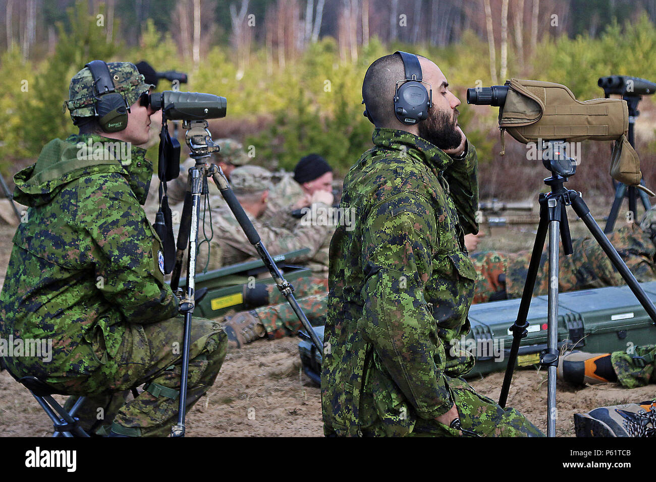 Canadian soldiers look downrange through binoculars during an exercise