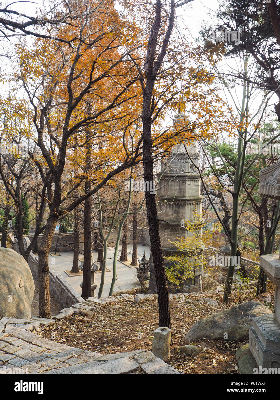 Qingdao, China - december 2017: Courtyard with large stupa built in the Qing dynasty necxt to the Huayan temple in Yanku scenic area at mt. Laoshan Stock Photo