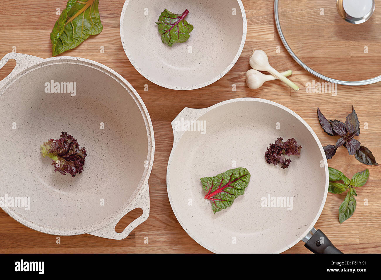 Frying pan, saucepan, stewpan. dishes for cooking, granite. view from above Stock Photo Alamy