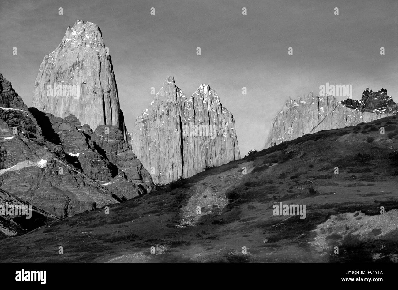 SUNRISE on the (TORRES) TOWERS OF PAINE in TORRES DEL PAINE NATIONAL PARK - PATAGONIA, CHILE Stock Photo