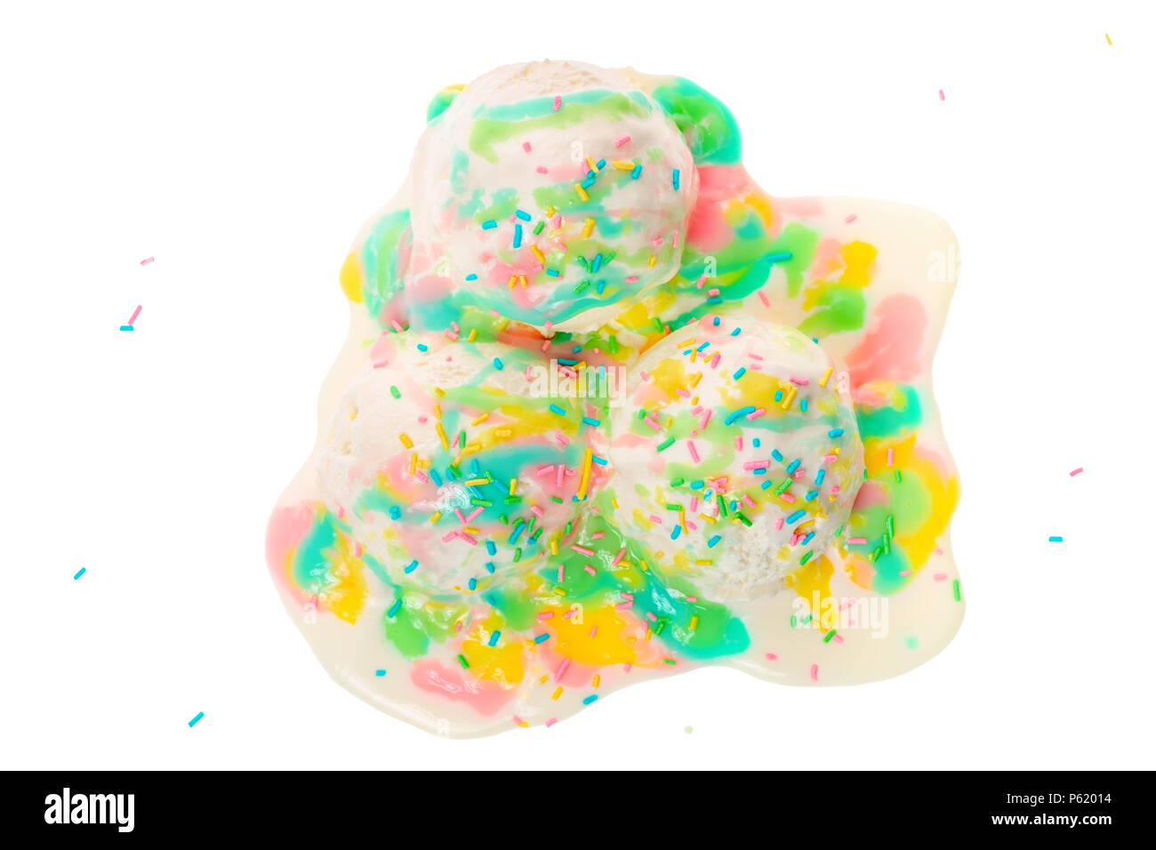 top view of white melting scoop of ice cream with rainbow glaze and sprinkles isolated on white background, summer creative concept Stock Photo