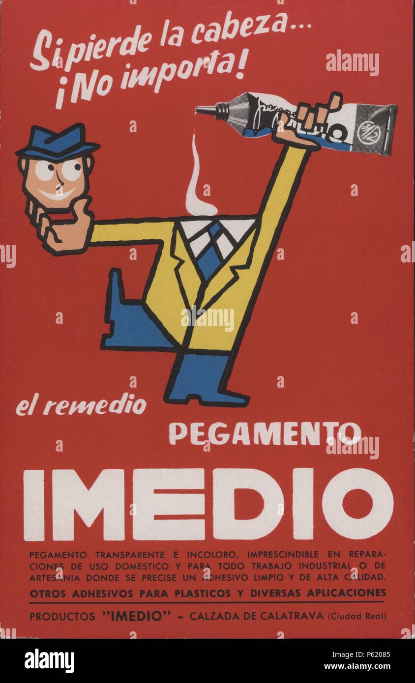 Tarjeta postal. Publicidad del Pegamento Imedio. Año 1960 Stock Photo -  Alamy