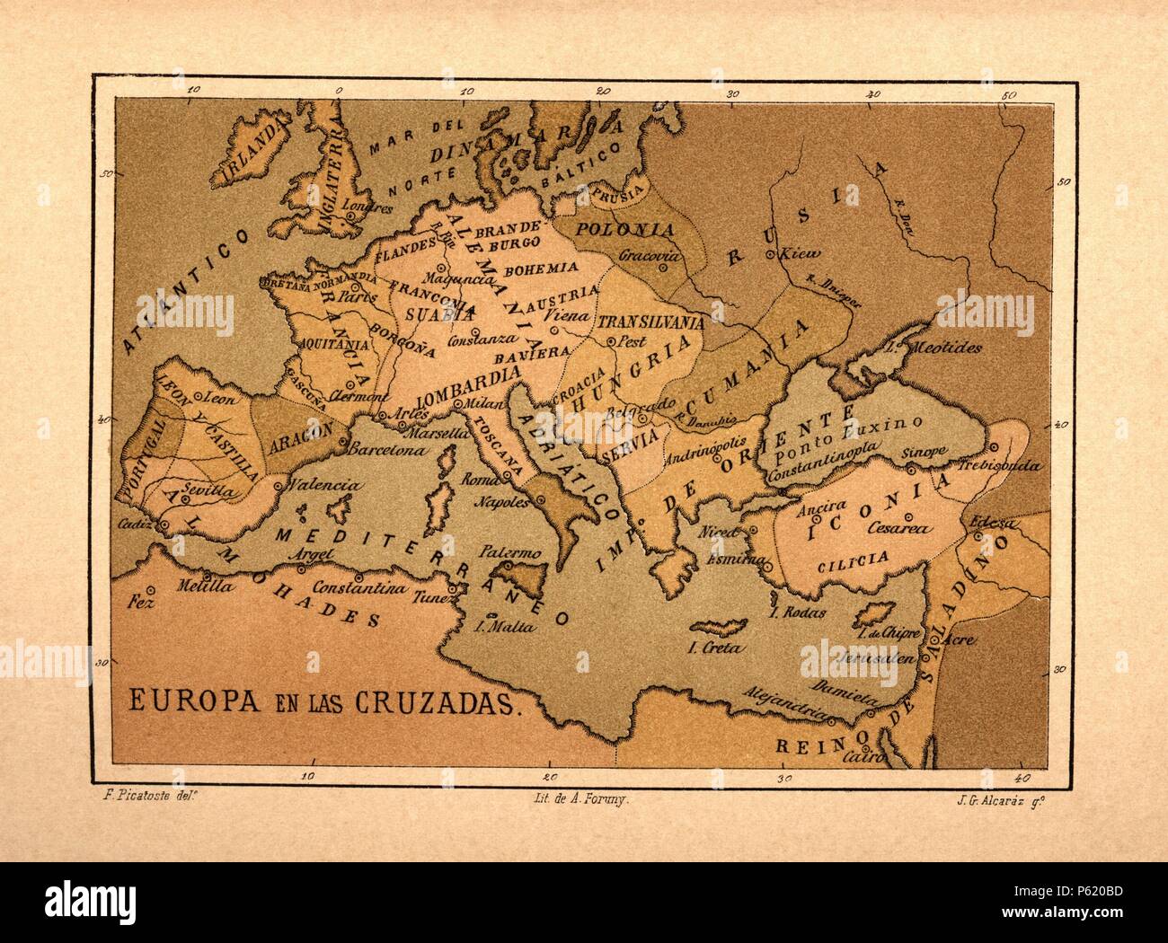 Mapa de Europa en las Cruzadas publicado en el libro Historia Universal, de Felipe Picatoste. Madrid, 1890. Stock Photo