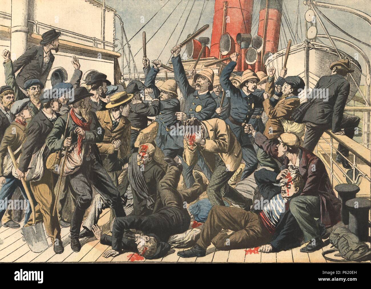 Panamá. La policía de Colón carga contra un grupo de trabajadores franceses ante la negativa a trabajar en la construcción del canal. Dibujo publicado en Le Petit Journal. Año 1905. Stock Photo