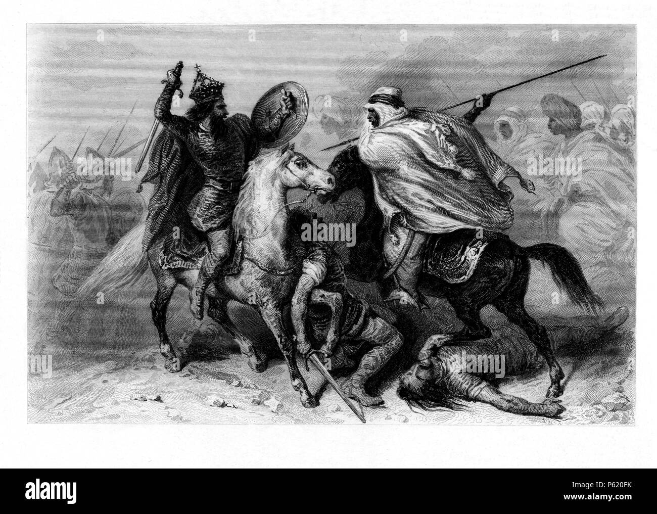 España. Batalla de Guadalete. Derrota de los visigodos y muerte del rey Rodrigo por los musulmanes de Tarik ibn Ziyad. Año 711. Stock Photo