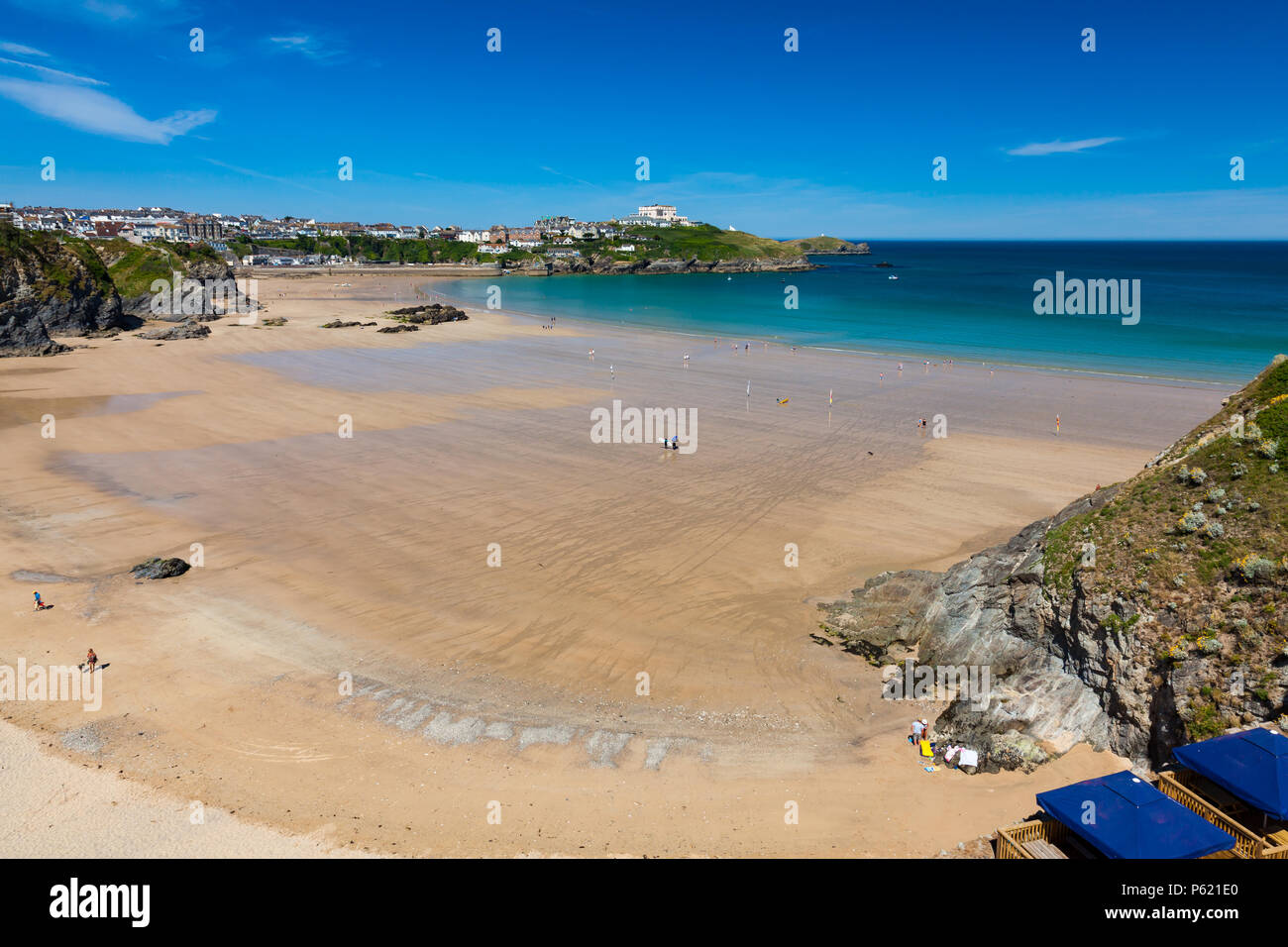 Stunning blue sky overlooking Great Western Beach Newquay Cornwall England UK Europe Stock Photo