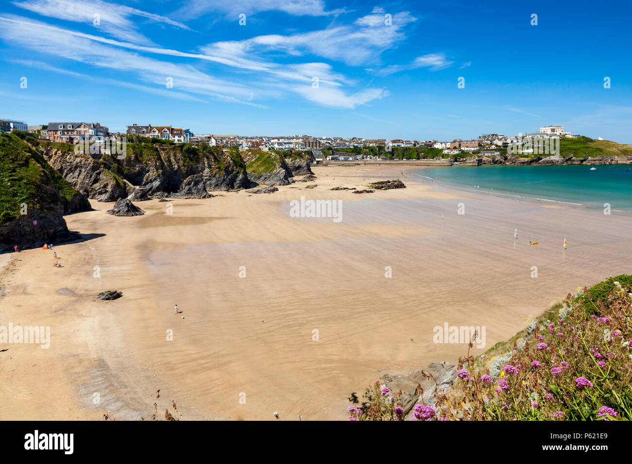 Stunning blue sky overlooking Great Western Beach Newquay Cornwall England UK Europe Stock Photo