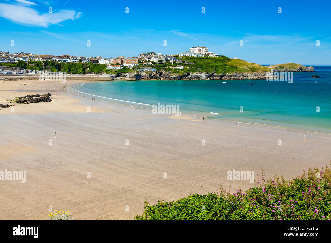Stunning blue sky overlooking Great Western Beach Newquay Cornwall England UK Europe Stock Photo