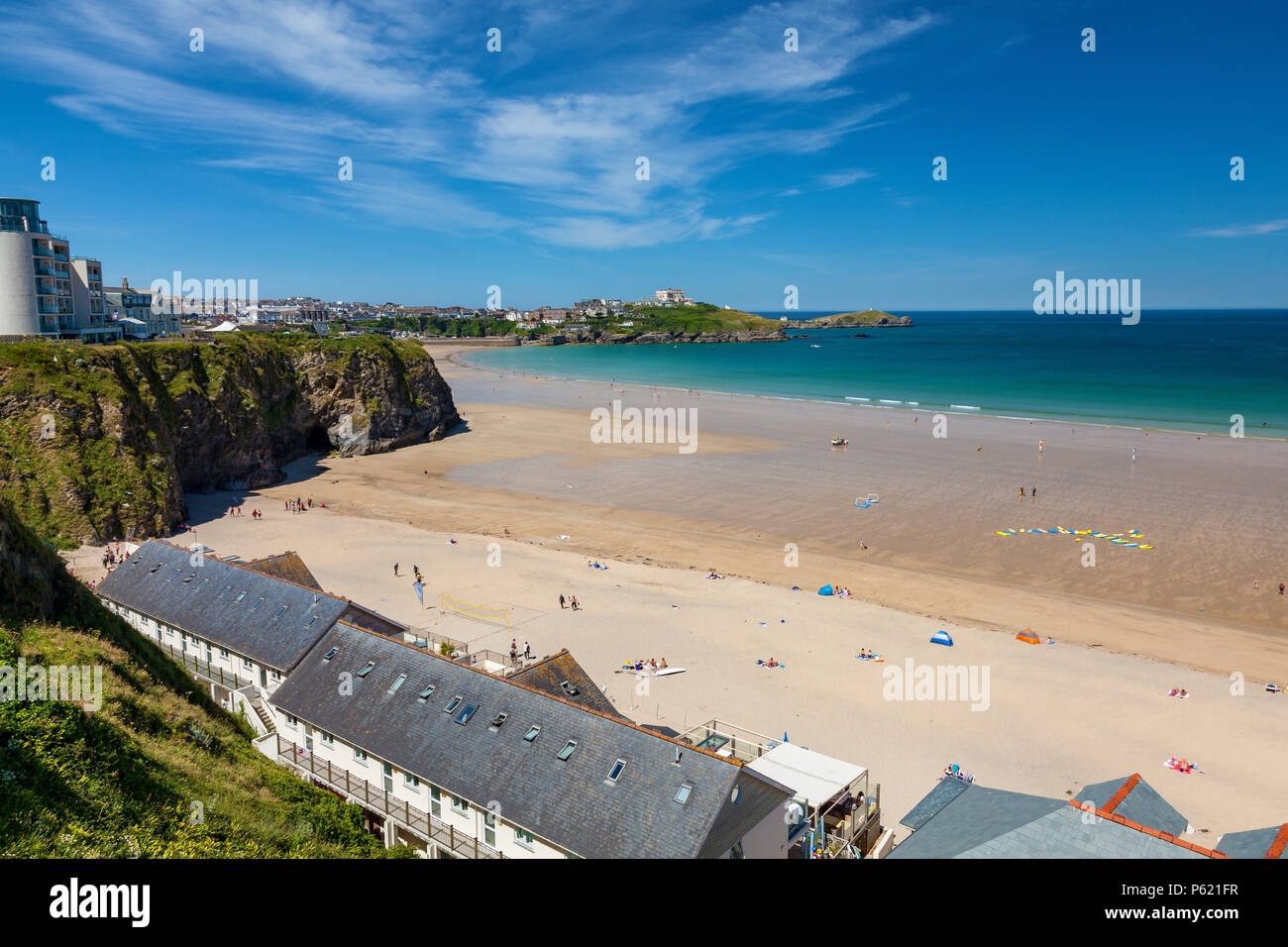 Stunning blue sky overlooking the golden sandy beach at Tolcarne  Newquay Cornwall England UK Europe Stock Photo