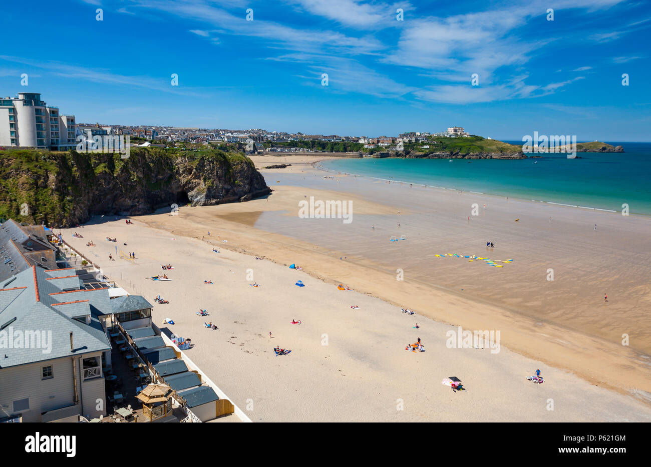 Stunning blue sky overlooking the golden sandy beach at Tolcarne  Newquay Cornwall England UK Europe Stock Photo