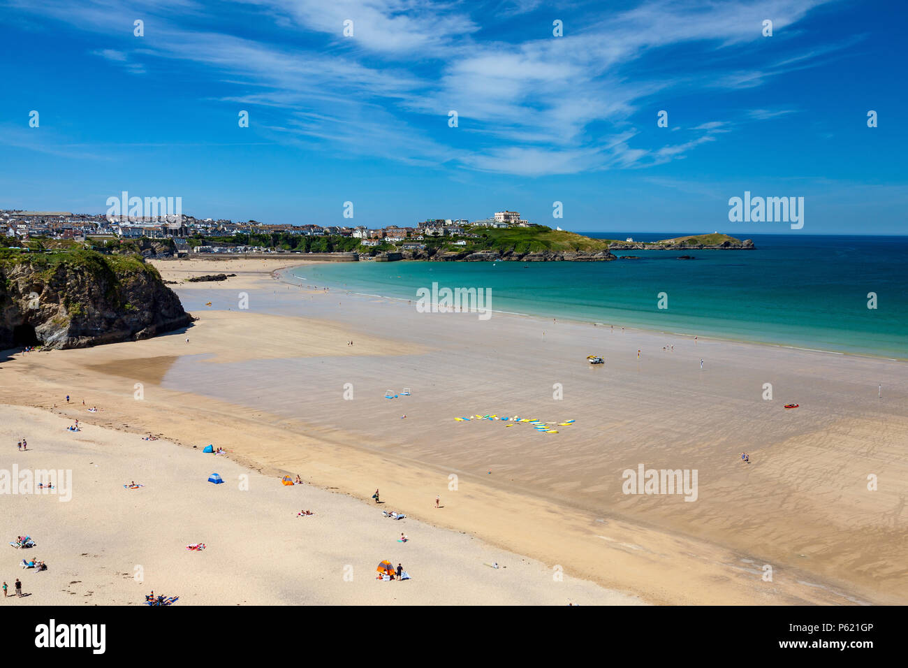 Stunning blue sky overlooking the golden sandy beach at Tolcarne  Newquay Cornwall England UK Europe Stock Photo