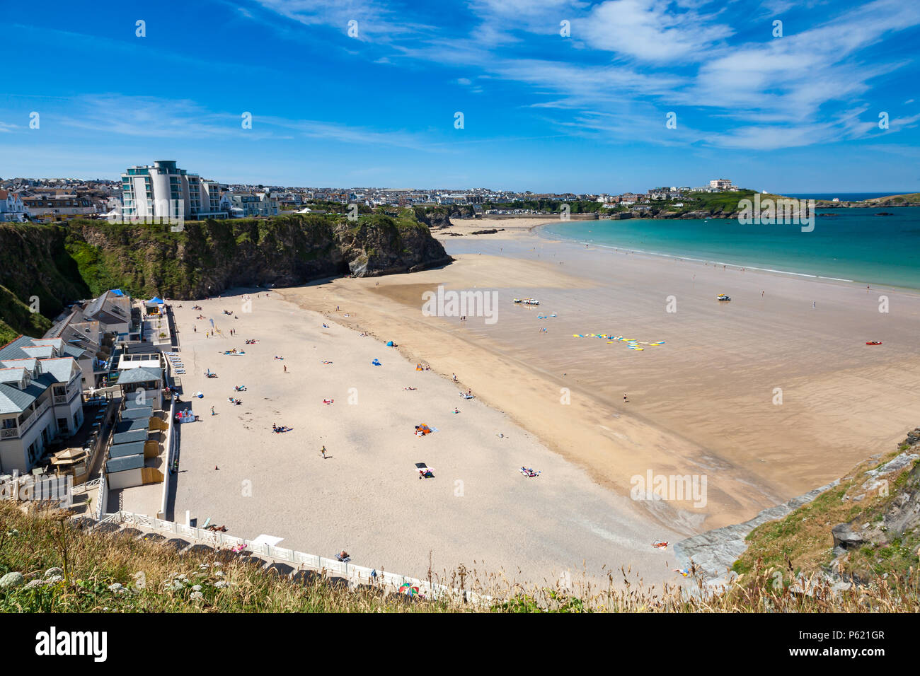 Stunning blue sky overlooking the golden sandy beach at Tolcarne  Newquay Cornwall England UK Europe Stock Photo