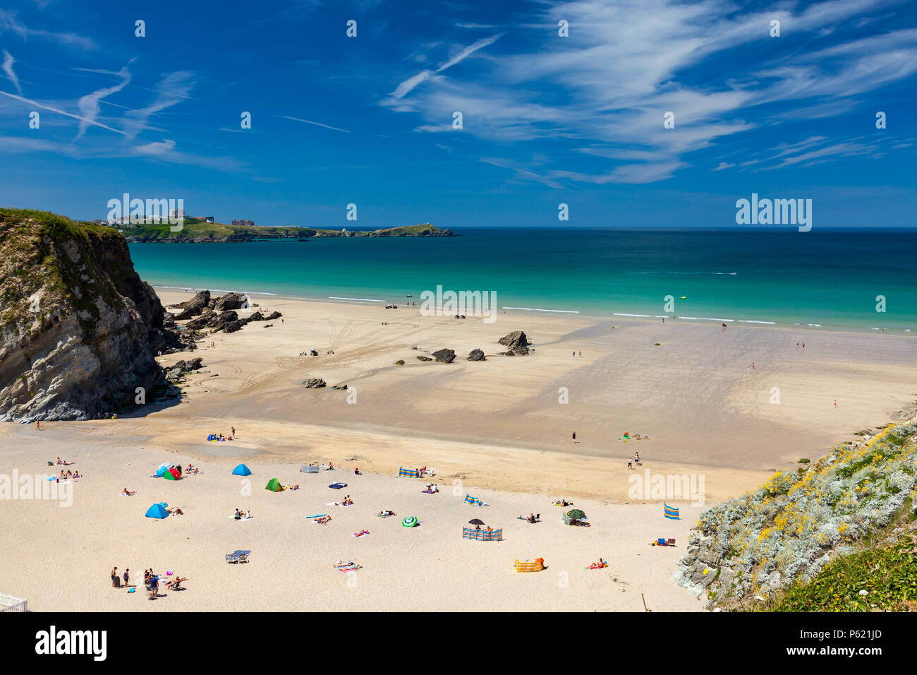 Stunning blue sky above Lusty Glaze Beach Newquay Cornwall England UK Europe Stock Photo