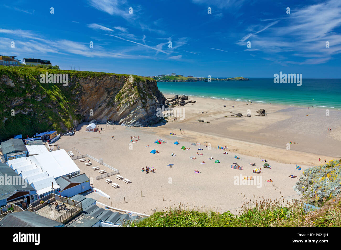Stunning blue sky above Lusty Glaze Beach Newquay Cornwall England UK Europe Stock Photo