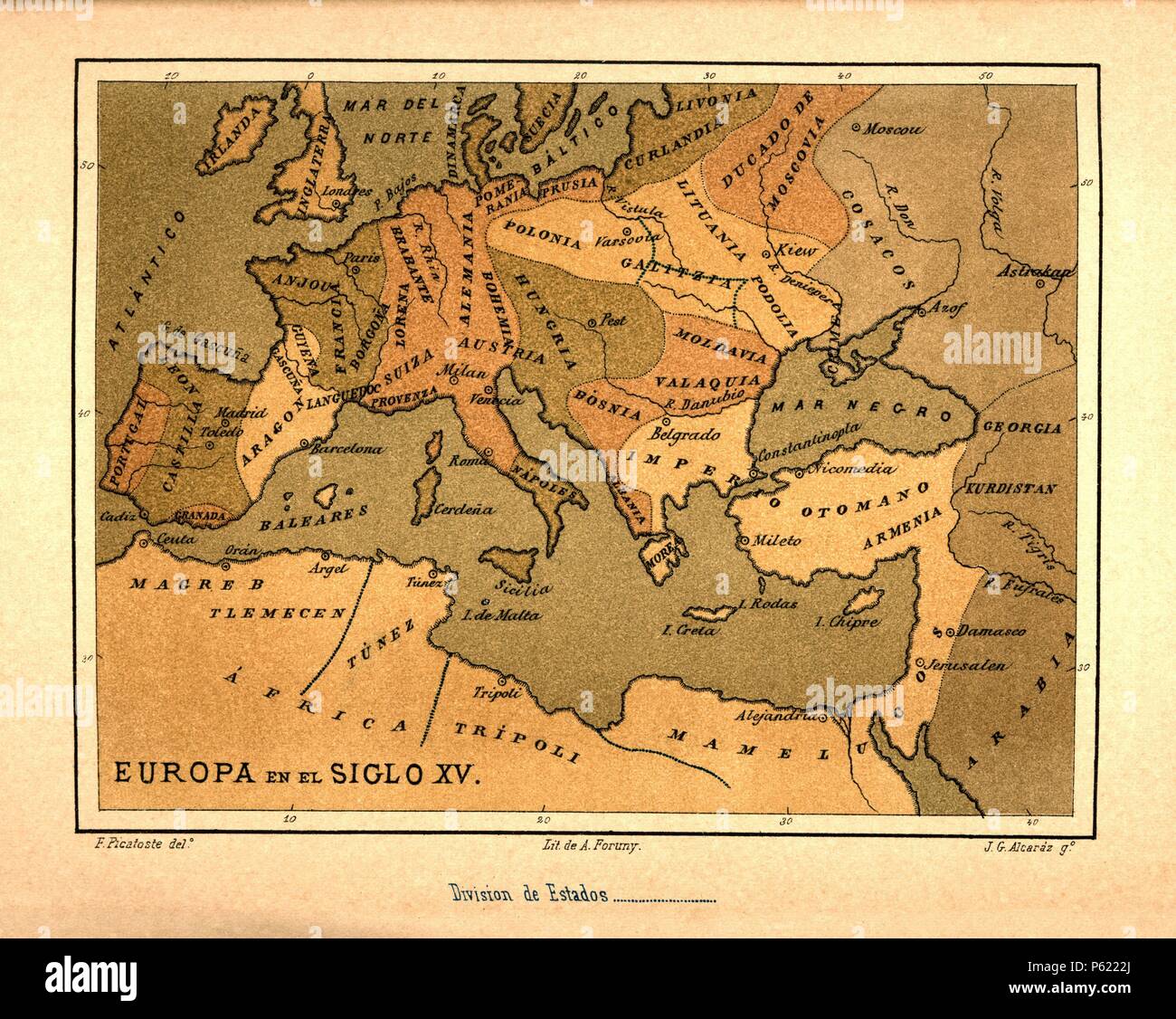Mapa de Europa en el siglo XV publicado en el libro Historia Universal, de Felipe Picatoste. Madrid, 1890. Stock Photo