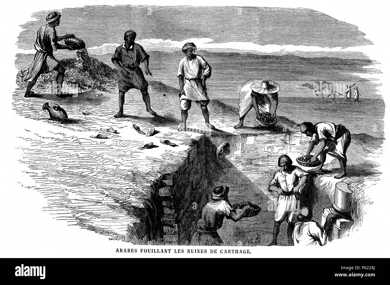 Excavaciones arqueológicas en las ruinas de Cartago. Grabado de 1858. Stock Photo