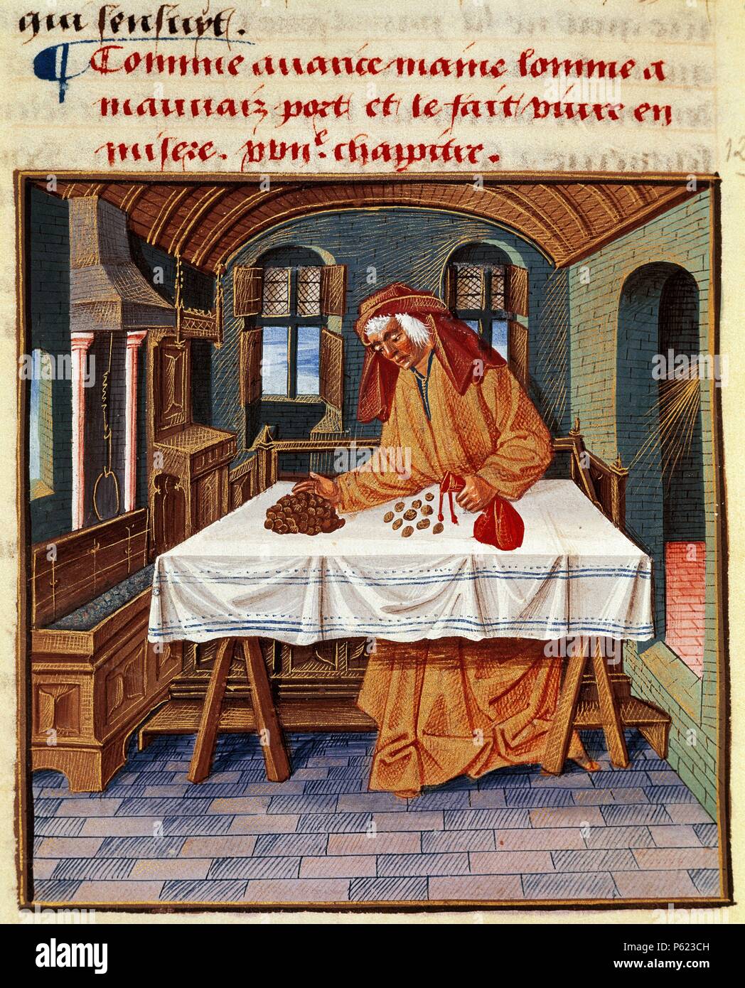 Medieval society. Moneylender. Miniature 'Livre de Bonnes Meurs' by Jacques Le Grand (m.1415). French school. Stock Photo