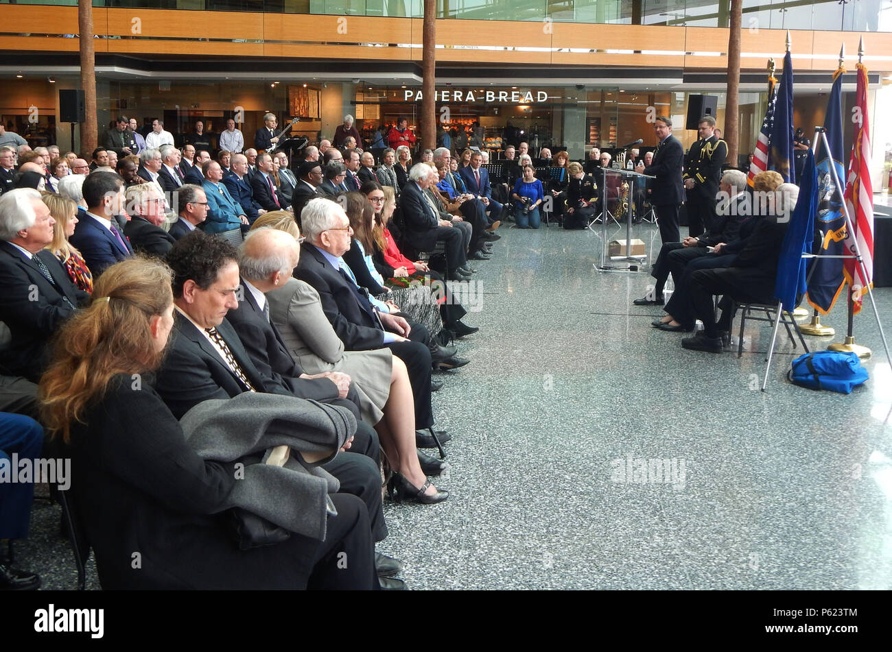 160411-N-SQ656-465  DETROIT (April 11, 2016) U.S. Sen. Gary Peters delivers remarks to a crowd of 300 distinguished guests including a Korean War Medal of Honor recipient, elected officials, military officers, veterans, family, friends and members of the public during a naming ceremony at the GM Renaissance Center in downtown Detroit on the international riverfront. Secretary of the Navy (SECNAV) Ray Mabus announced the Navy's newest Arleigh Burke class destroyer, DDG 120, was named Carl M. Levin in honor of the longest serving senator in Michigan history. The ship will be constructed at Bath  Stock Photo