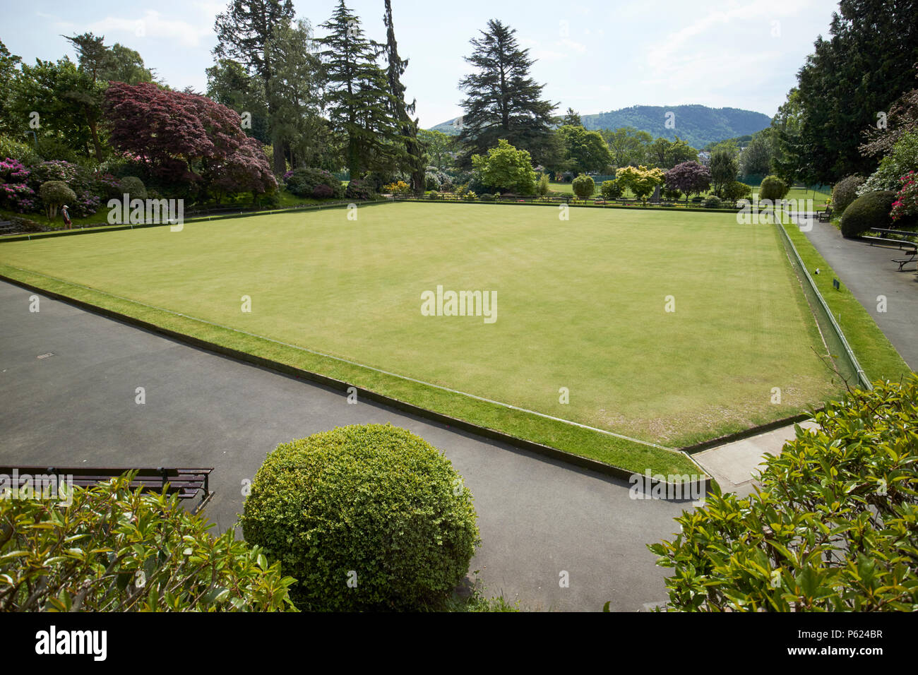 lawn bowls bowling green in upper fitz park Keswick Lake District Cumbria England UK Stock Photo