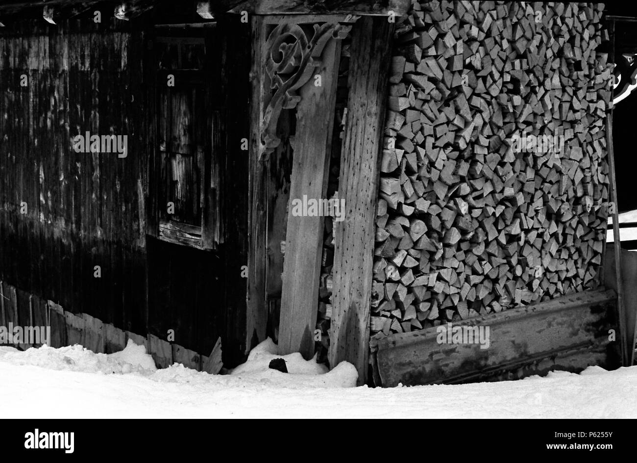 Firewood storage in Bernese Oberland, Switzerland, in January 2008. Stock Photo